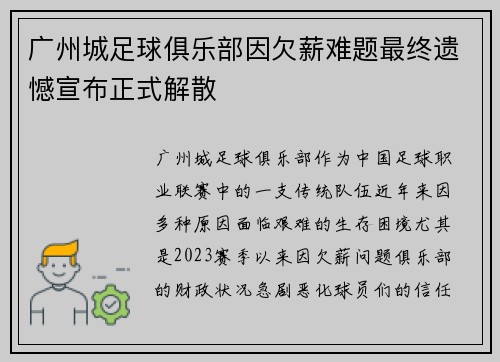 广州城足球俱乐部因欠薪难题最终遗憾宣布正式解散 广州城足球俱乐部因欠薪难题最终遗憾宣布正式解散