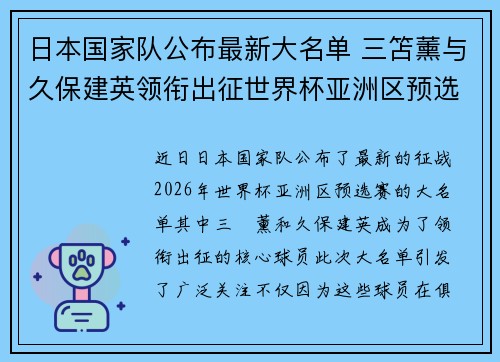 日本国家队公布最新大名单 三笘薰与久保建英领衔出征世界杯亚洲区预选赛 日本国家队公布最新大名单 三笘薰与久保建英领衔出征世界杯亚洲区预选赛